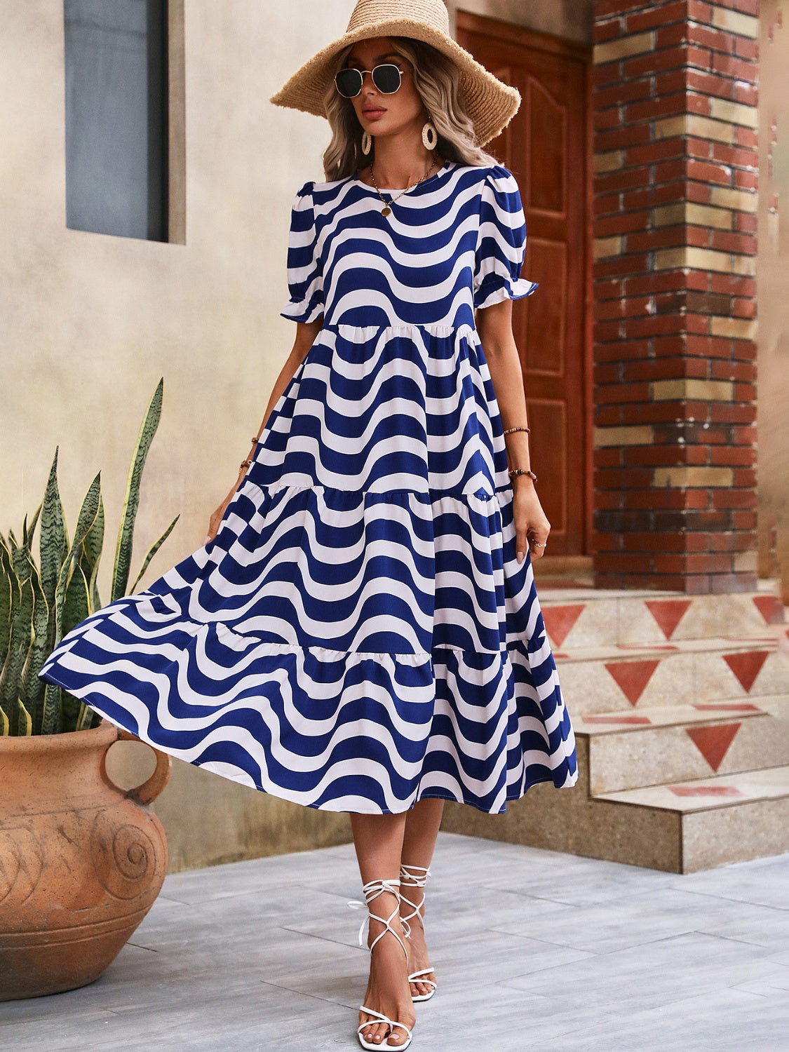 Wavy Striped Round Neck Short Sleeve Dress.