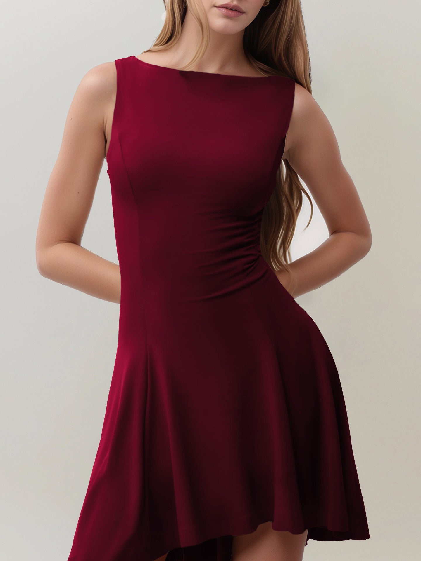 High-Low Round Neck Sleeveless Mini Dress.
