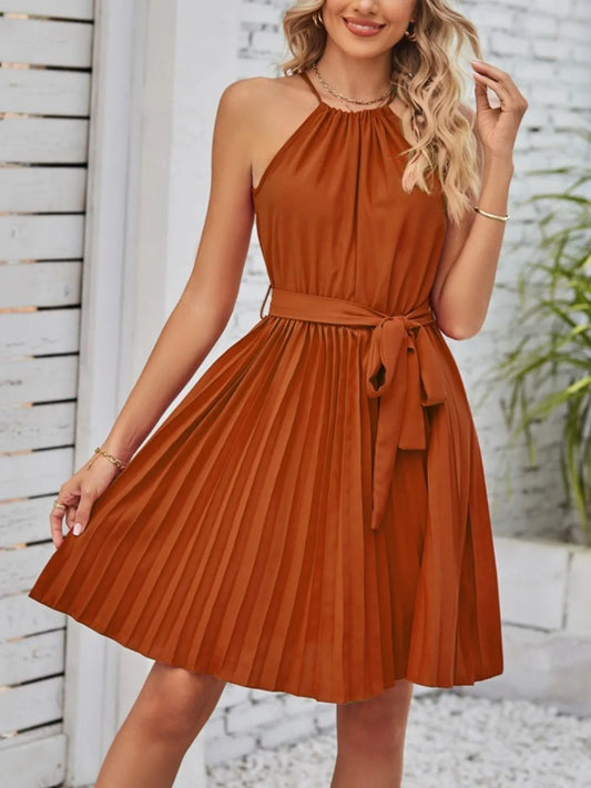 Pleated Tie Waist Sleeveless Mini Dress.