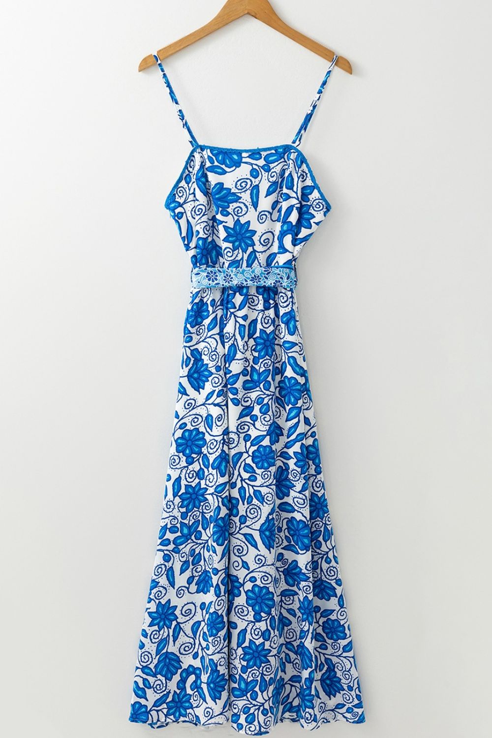 Floral Printed Spaghetti Strap Maxi Dress with Waist Tie.