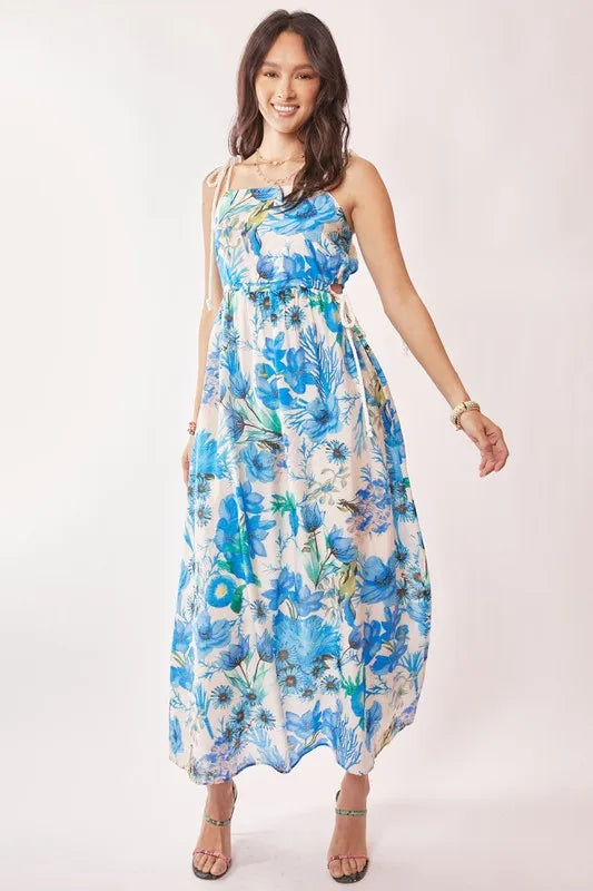 Davi & Dani Tropical Boho Printed Detail Cut Out Maxi Dress.