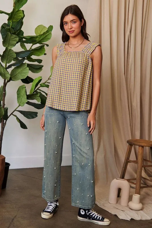 Davi & Dani Printed Square Neck Shirred Straps Top.