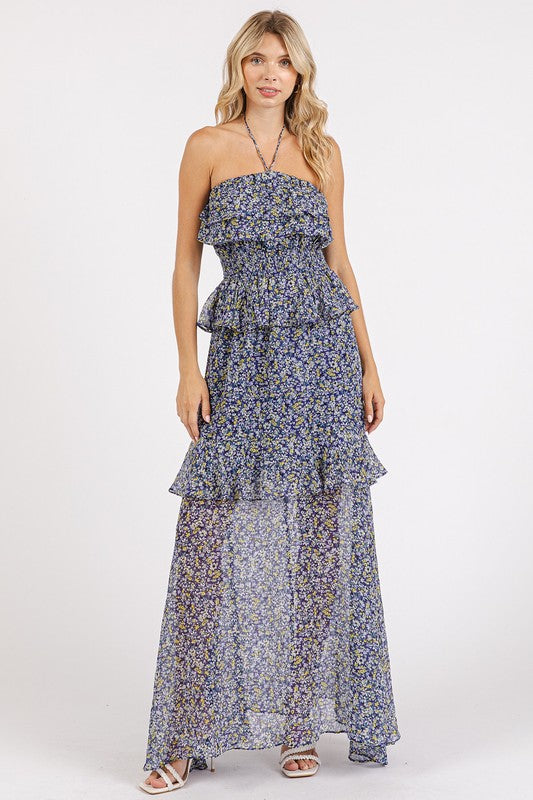 Mittoshop Ruffled Smocked Floral Halter Neck Maxi Dress.