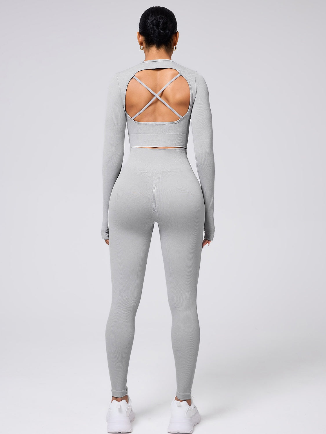 Back Crisscross Round Neck Long Sleeve Top and Leggings Active Set.