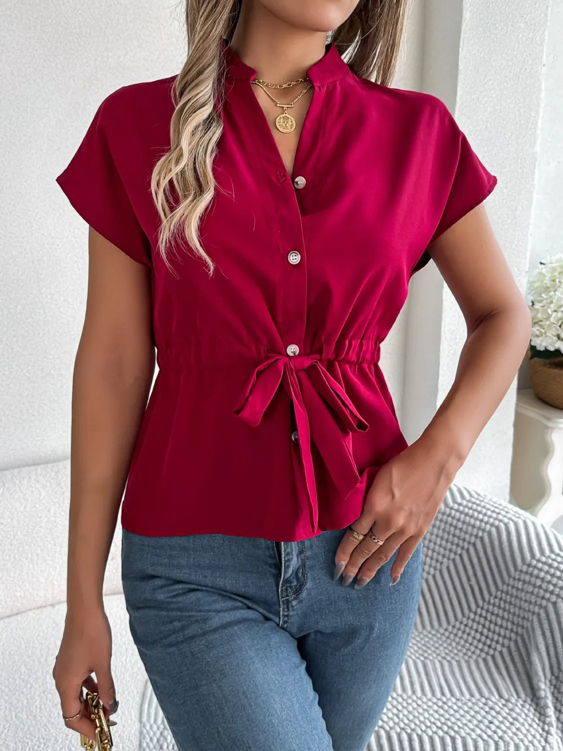 Savvy Notched Short Sleeve Blouse.