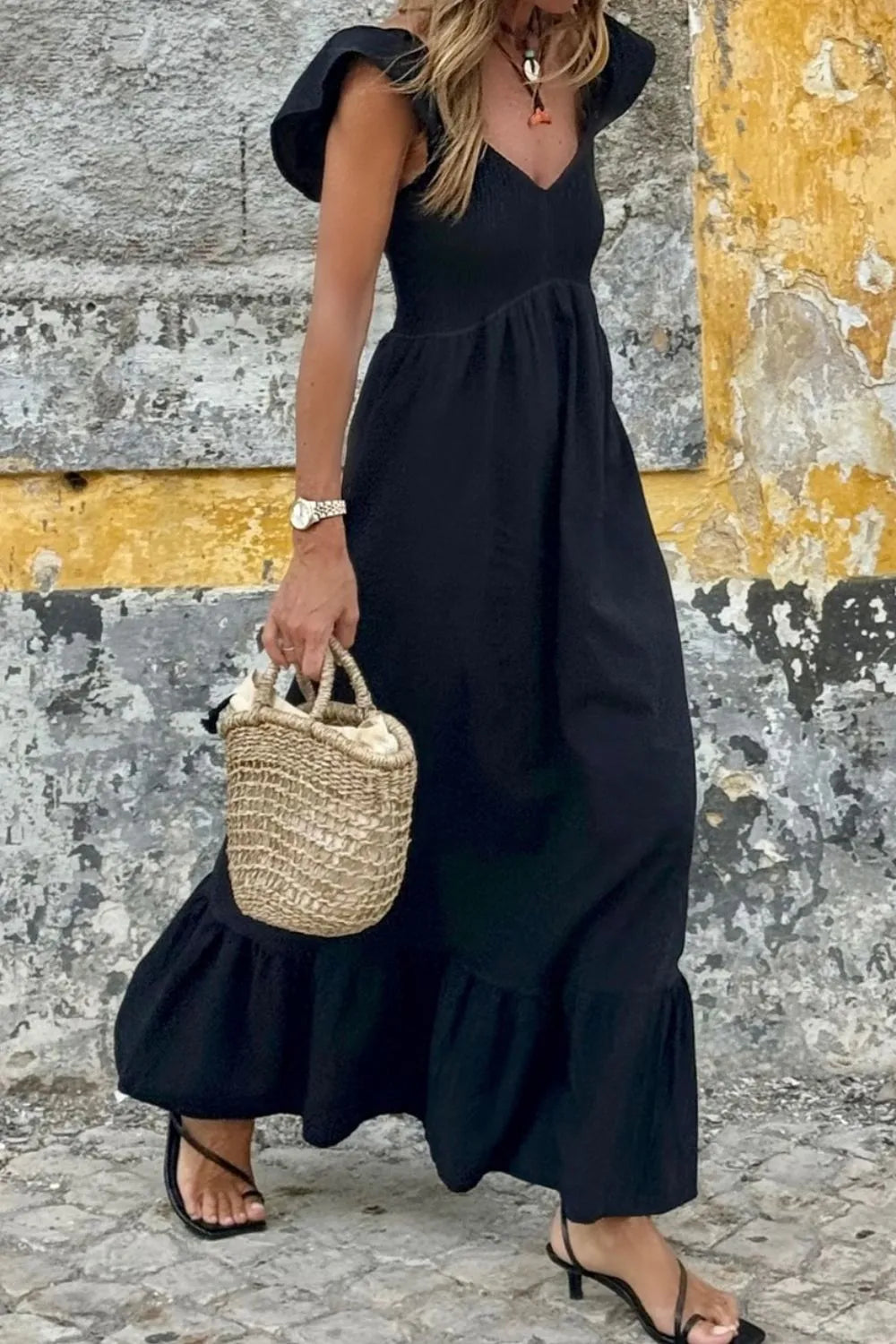 Ruffled Cap Sleeve, V-Neck Smocked Maxi Dress.