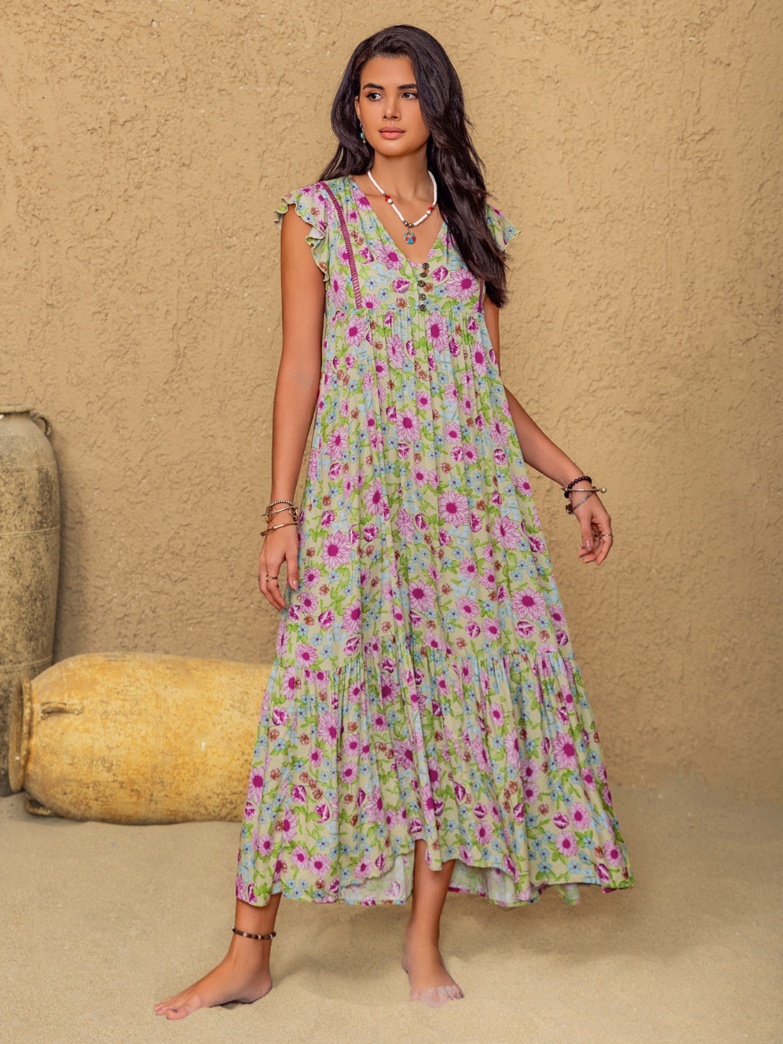 Floral Ruffled Cap Sleeve Tiered Dress.