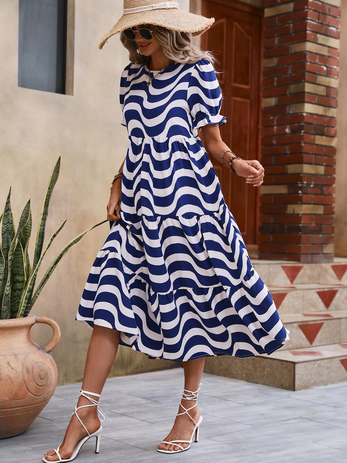 Wavy Striped Round Neck Short Sleeve Dress.