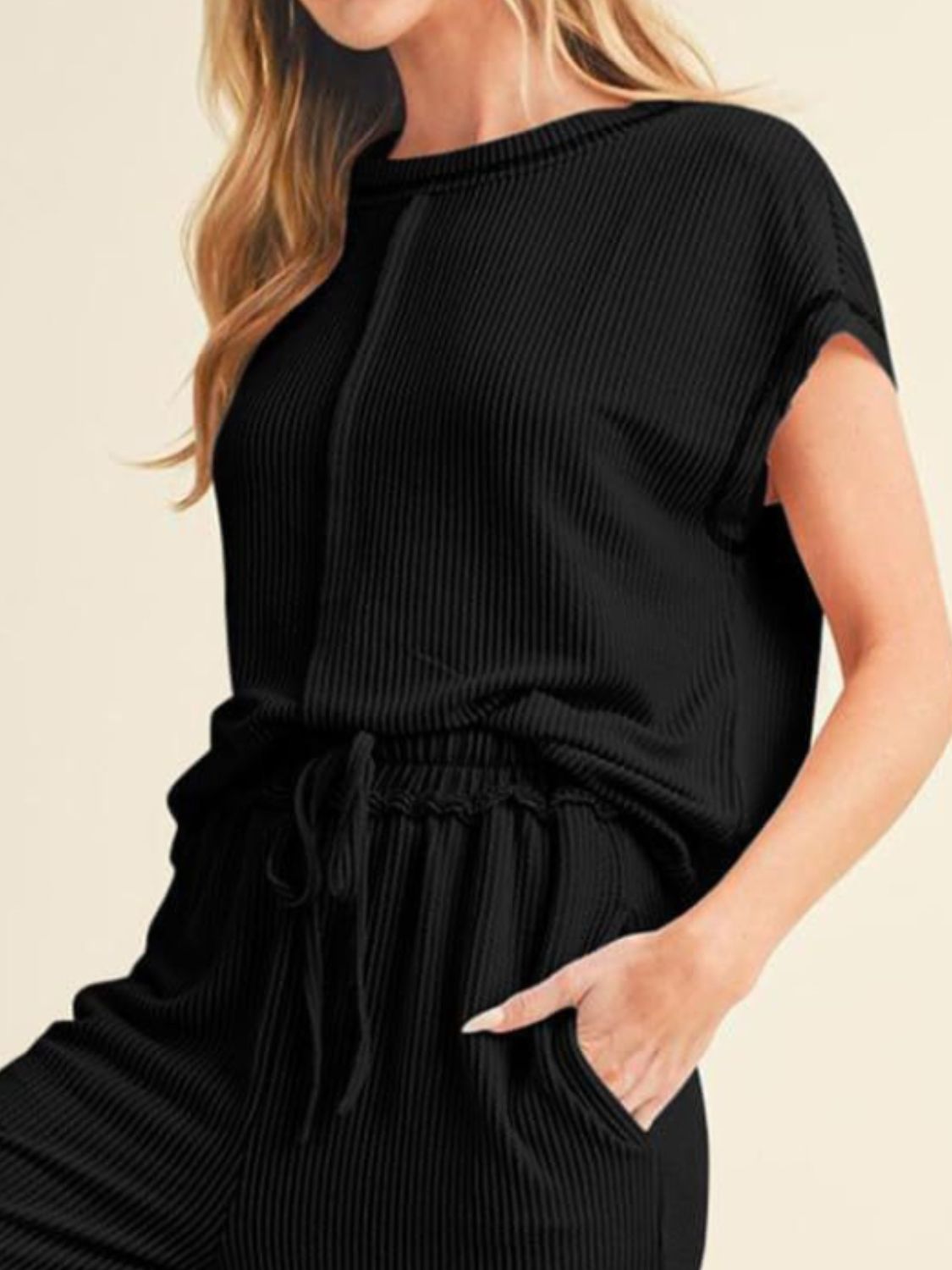 Contemporary Ribbed Exposed Seam Top and Pants Set - Effortless Chic.
