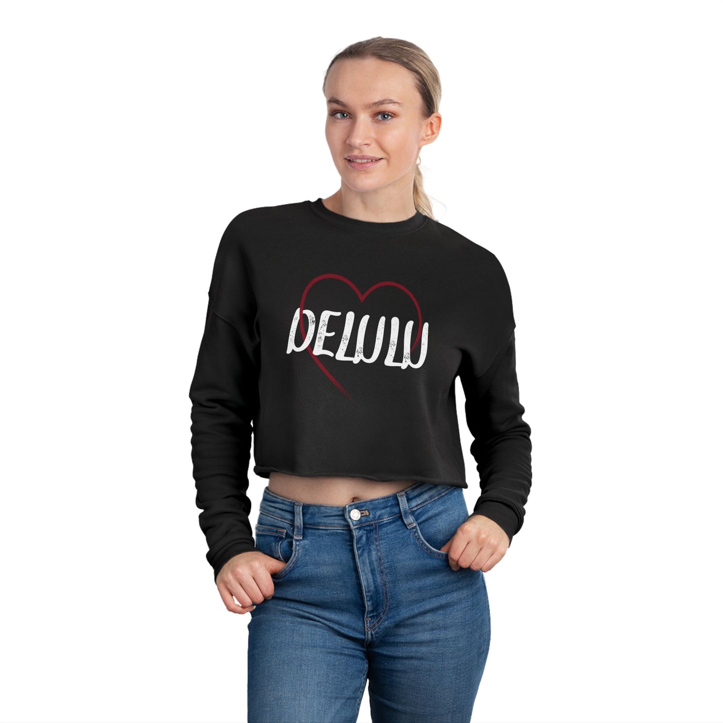 "Delulu" Cropped Crewneck Sweatshirt.