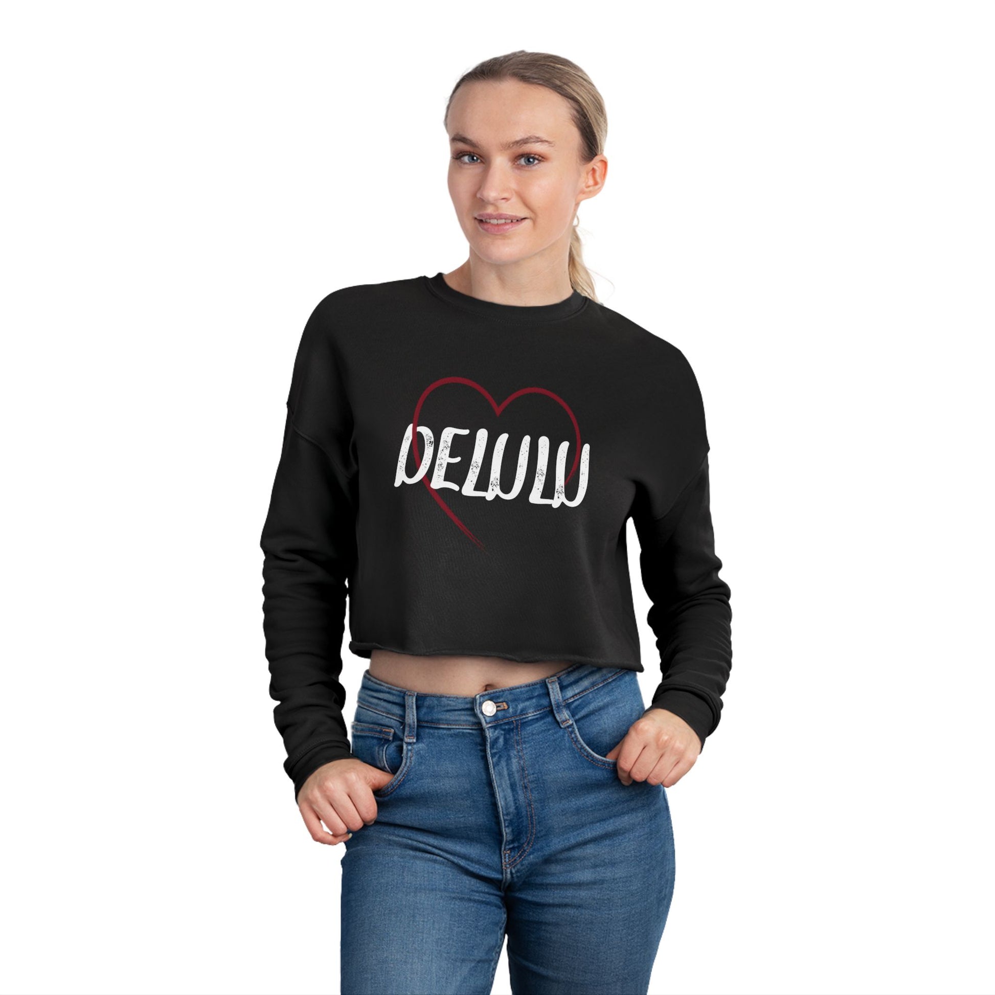 "Delulu" Cropped Crewneck Sweatshirt.