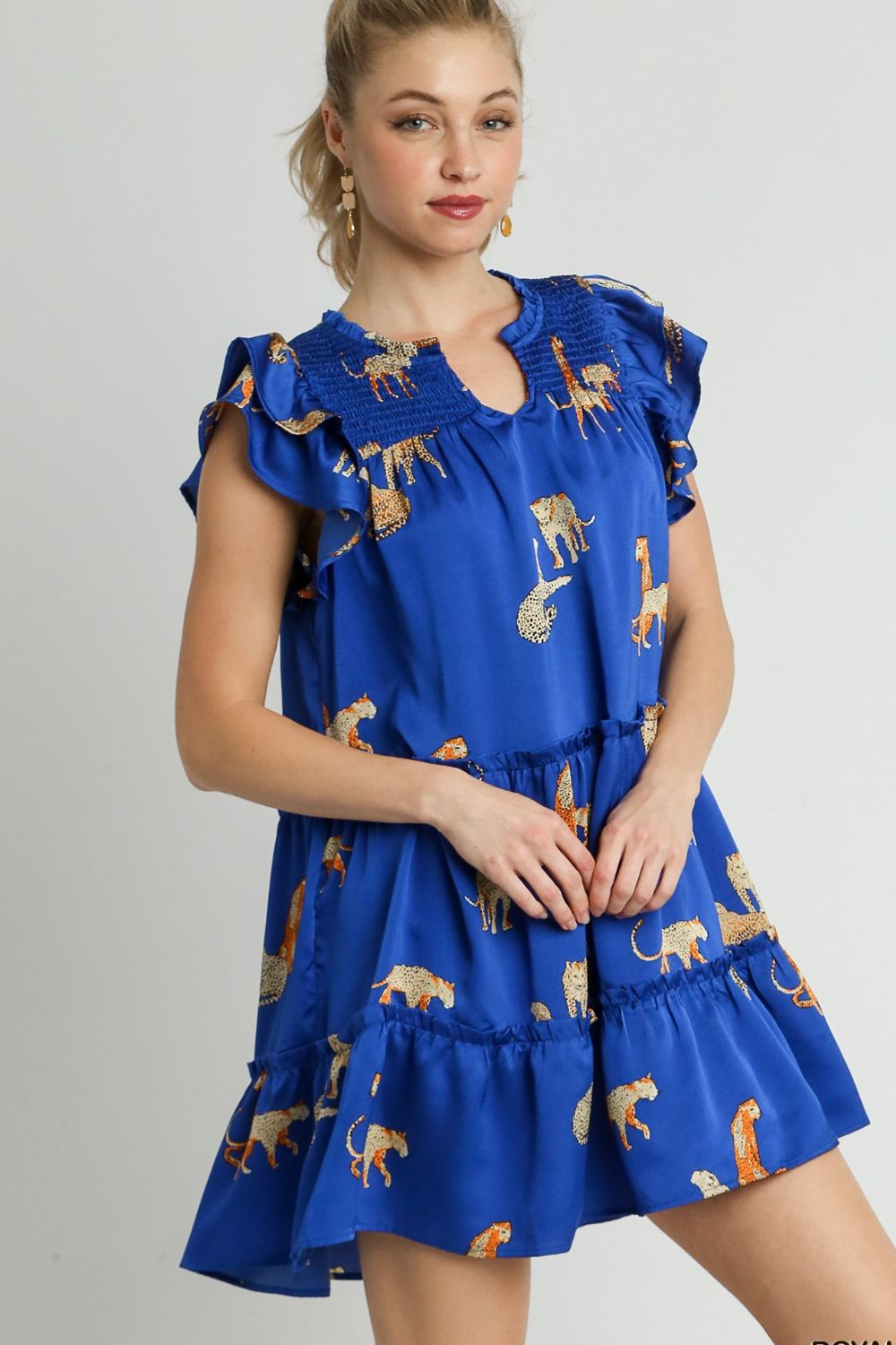 Umgee Full Size Cheetah Print Notched Ruffle Layered Cap Sleeve Mini Dress Plus Size.