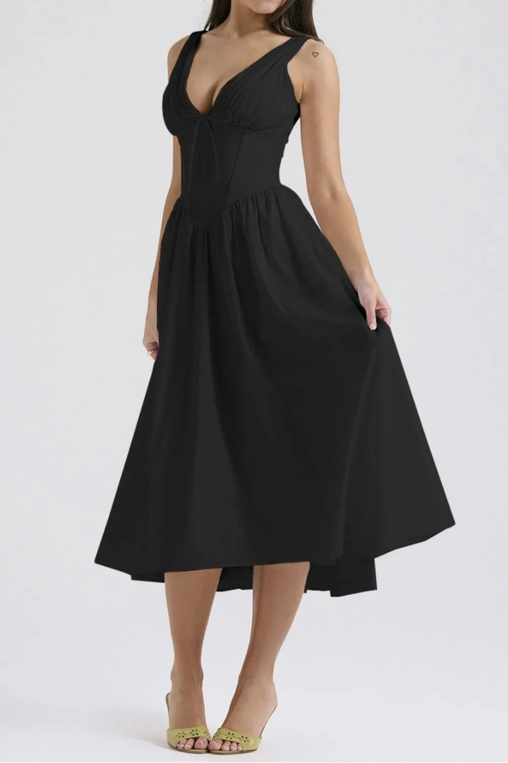 Ruched V-Neck Dress with Pockets.