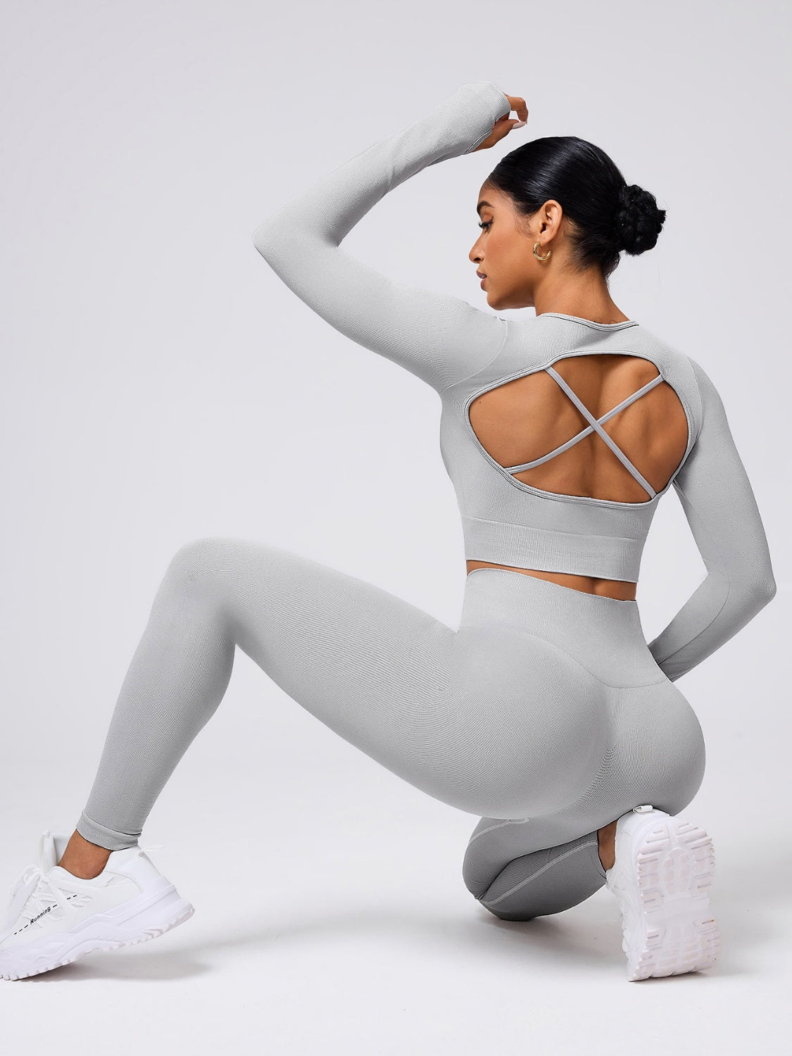 Back Crisscross Round Neck Long Sleeve Top and Leggings Active Set.