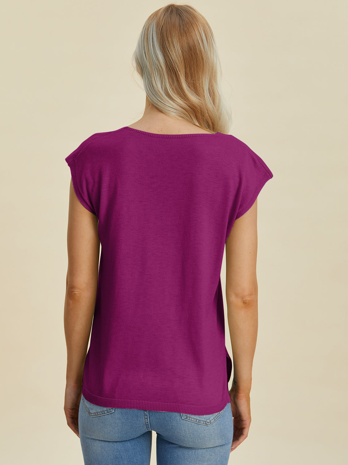 Double Take Full Size Notched Cap Sleeve Knit Top.