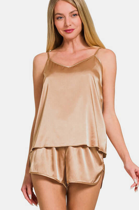Zenana V-Neck Satin Cami and Elastic Waist Shorts Lounge Set.