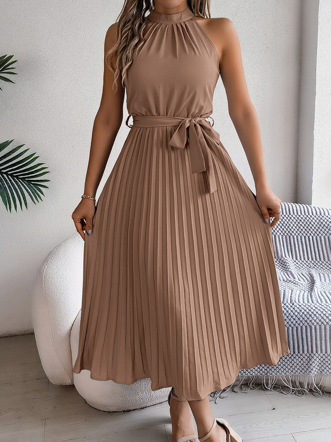 Grecian Neck, Tie Waist, Pleated Dress.