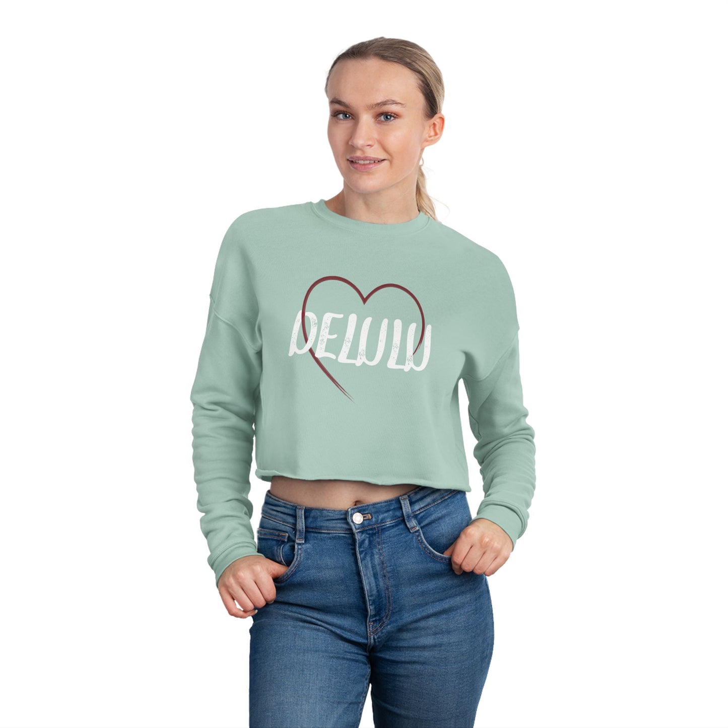 "Delulu" Cropped Crewneck Sweatshirt.