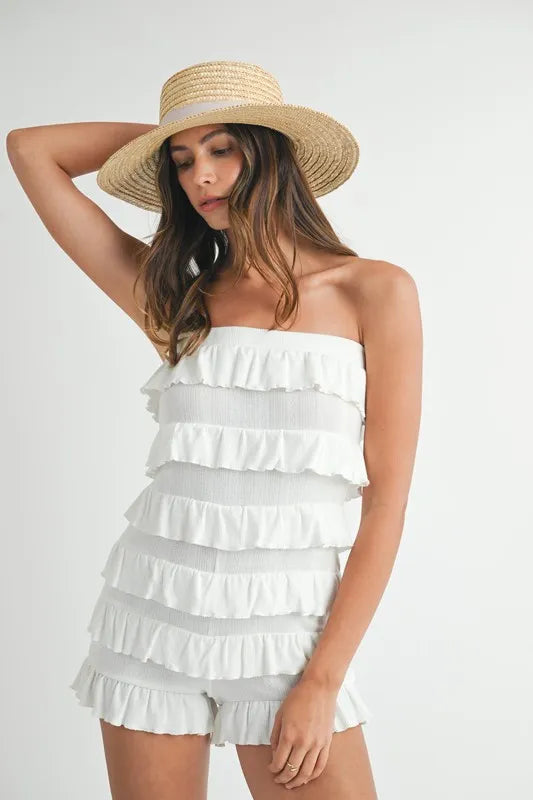 MABLE Pointelle Knit Fabric Ruffled Tube Romper.