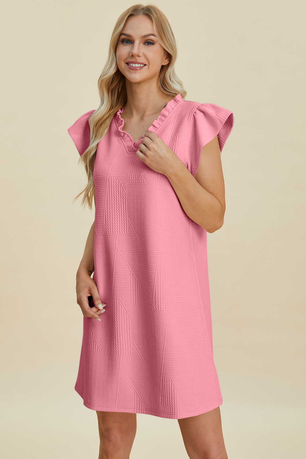Double Take Full Size Ruffled V-Neck Cap Sleeve Dress.