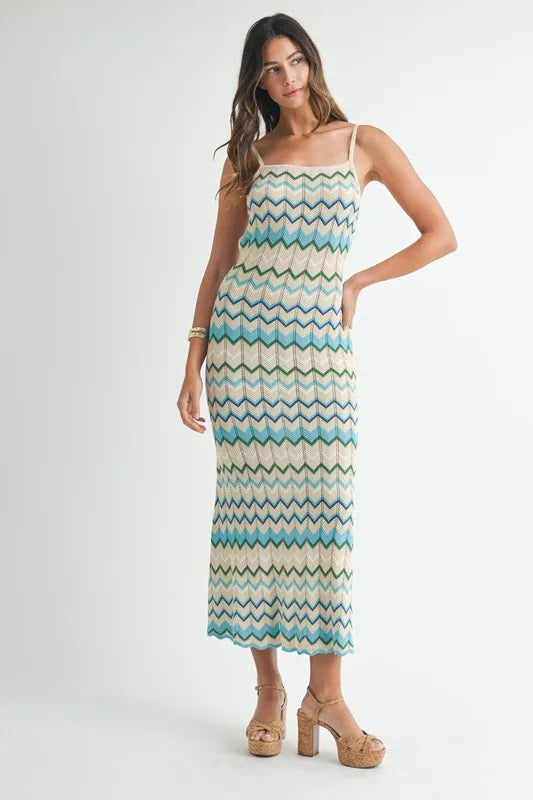 MABLE Lightweight Pointelle Chevron Knit Maxi Dress.
