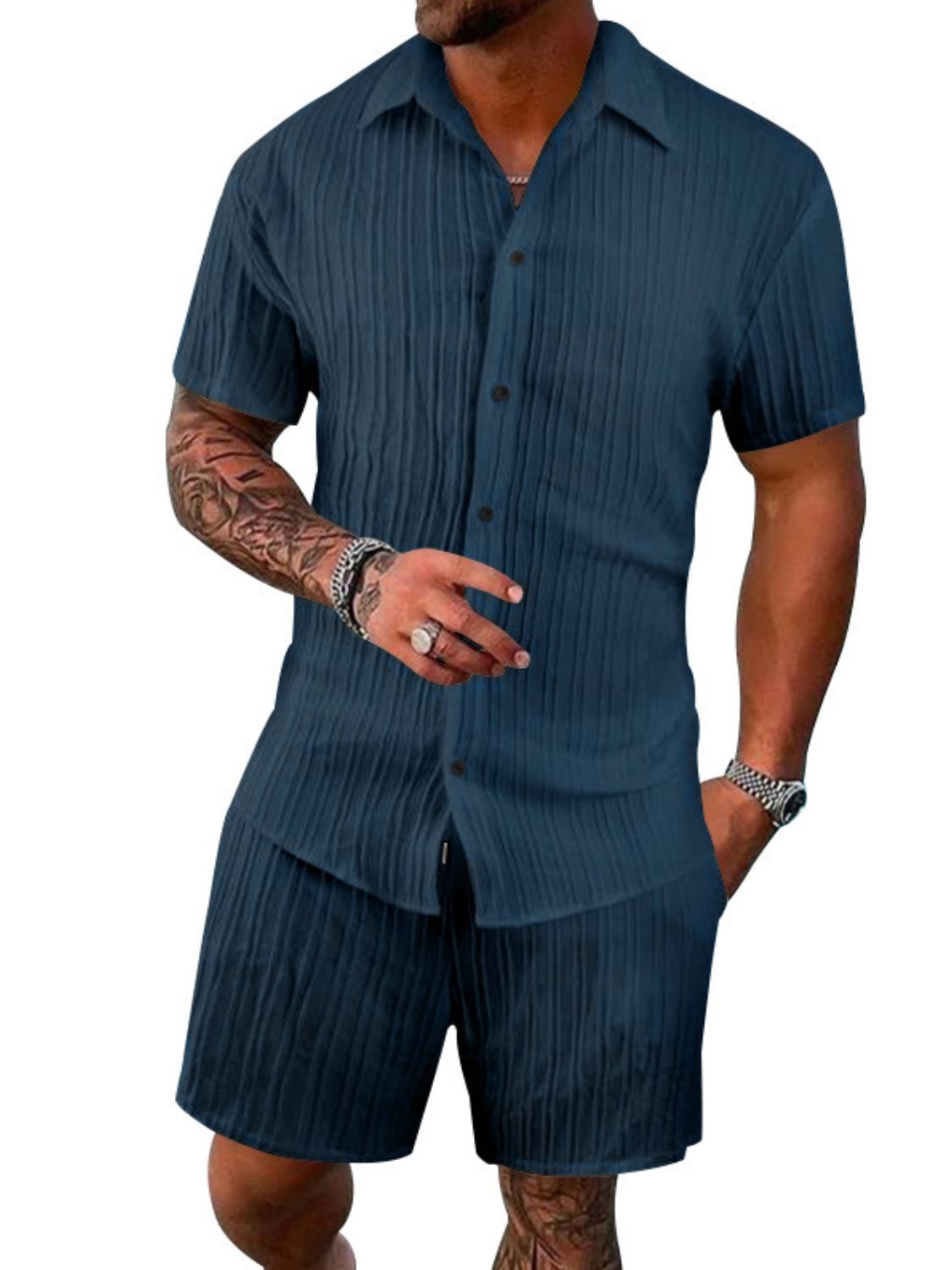 Men's Stylish Button Down Shirt & Shorts Set - Plus Size.