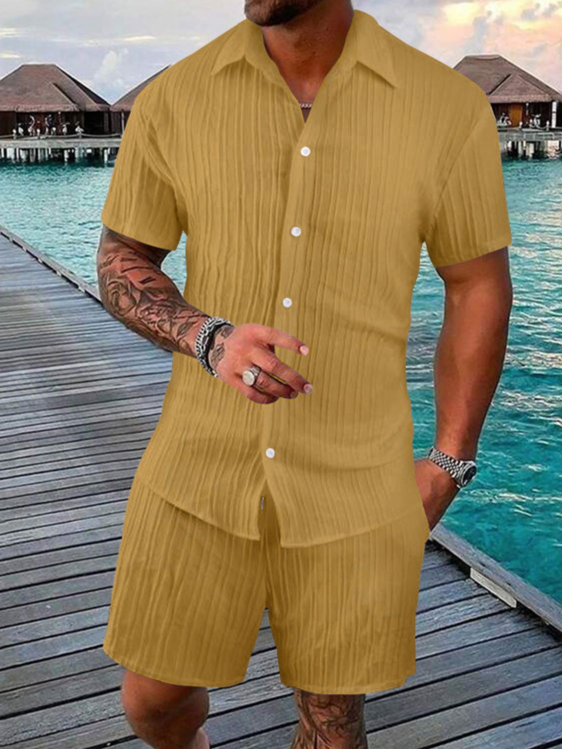 Men's Stylish Button Down Shirt & Shorts Set - Plus Size.