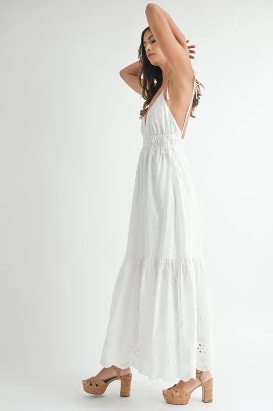MABLE Eyelet Lace Maxi Dress with Side Strap Details.
