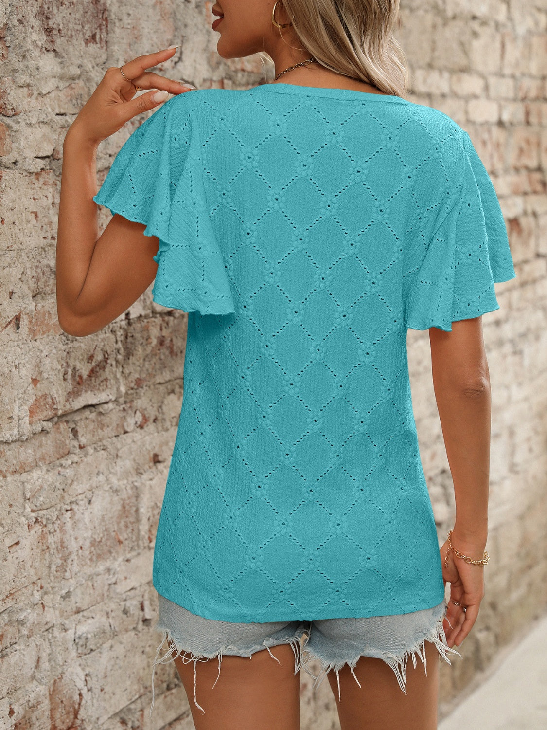 Eyelet Round Neck Flutter Sleeve Top