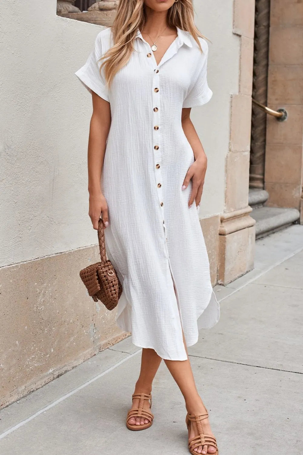 Effortlessly Chic - Button Down Short Sleeve Midi Shirt Dress.