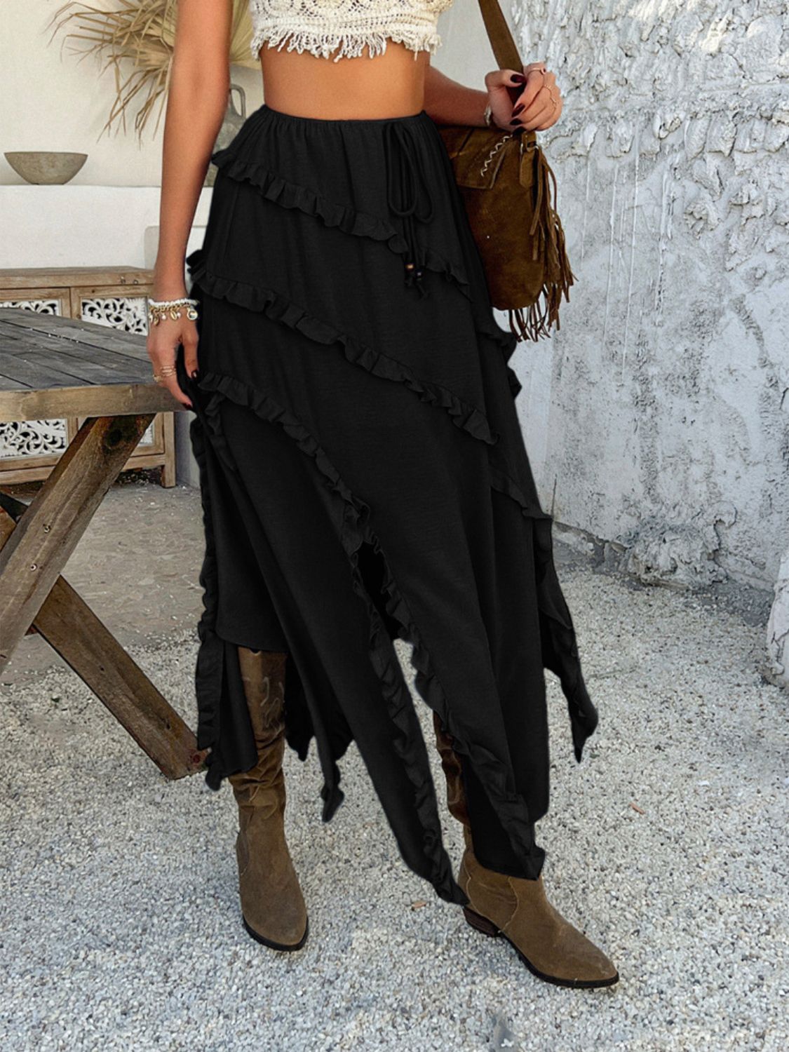 Elegant Drawstring Midi Skirt with Ruffle Detail & Side Slit