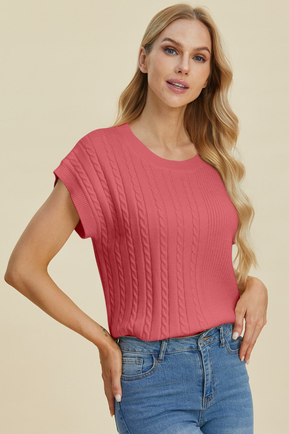 Double Take Full Size Cable-Knit Round Neck Short Sleeve Sweater.