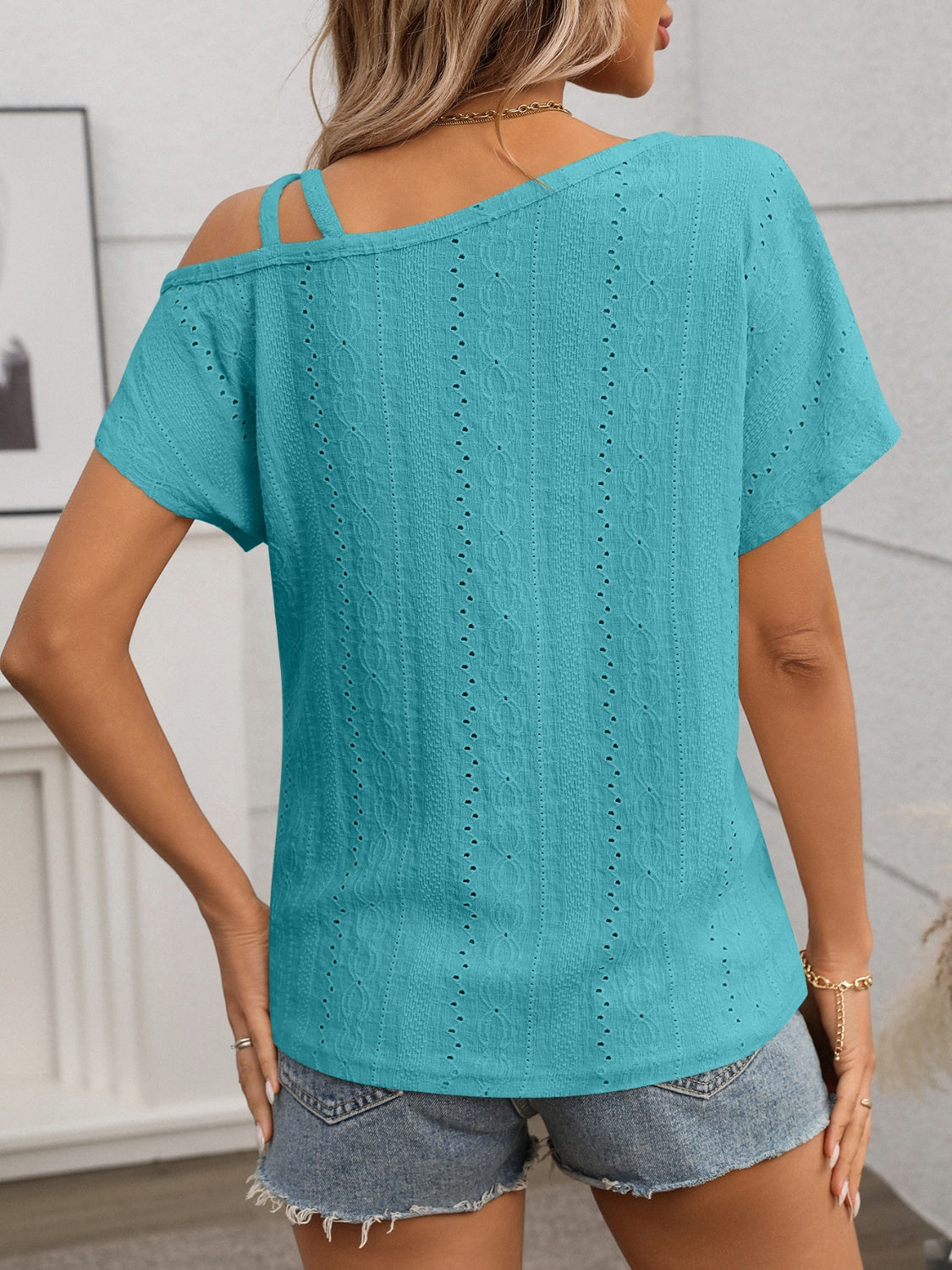 Chic Eyelet Asymmetrical Shoulder Short Sleeve T-Shirt - Unique Fashion Statement.