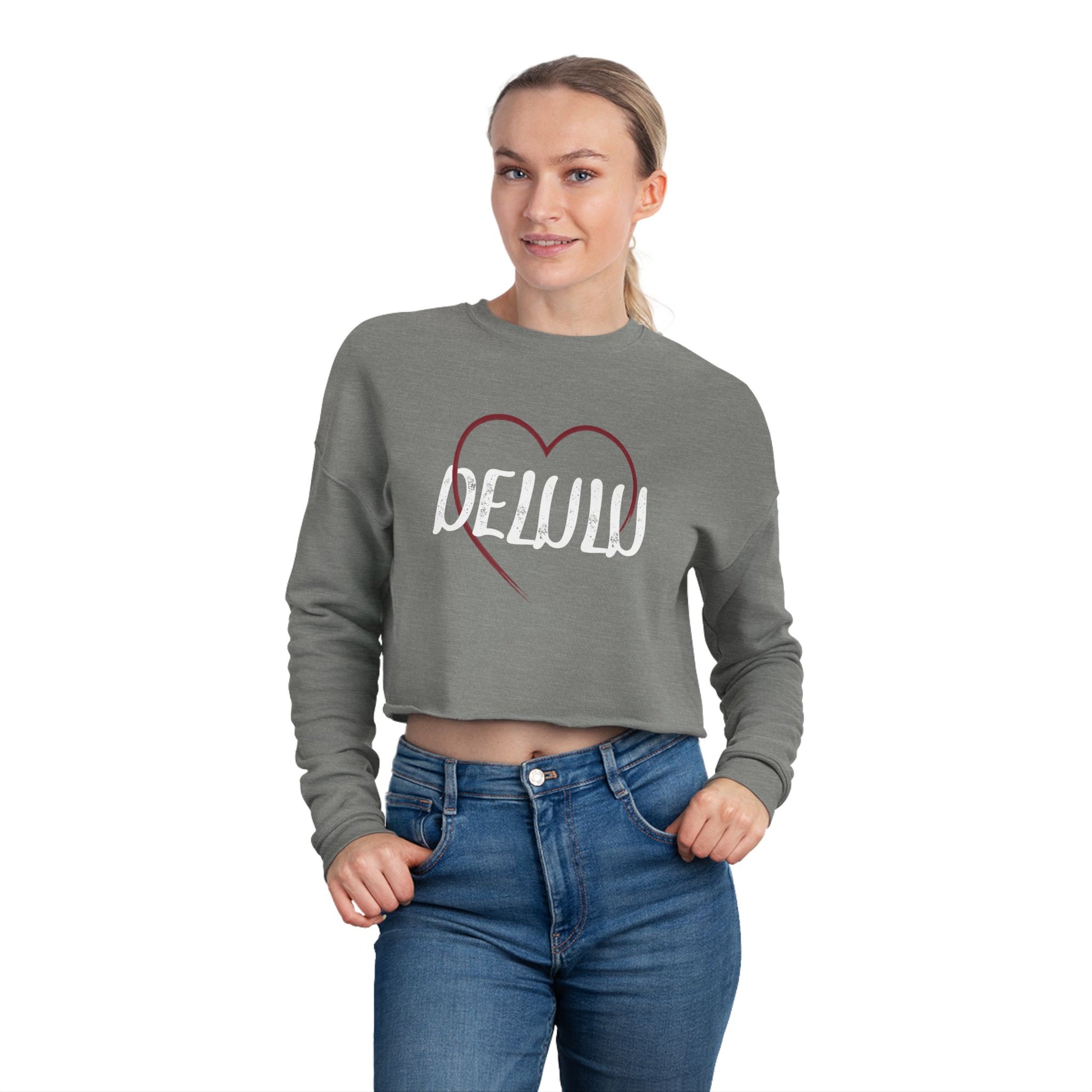 "Delulu" Cropped Crewneck Sweatshirt.