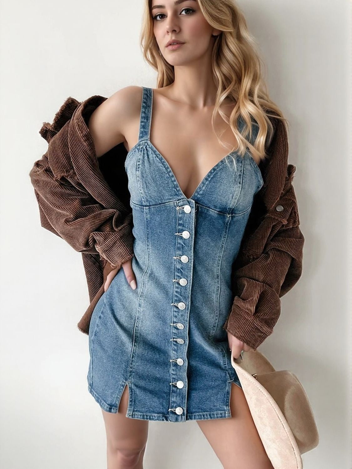 Button Down Mini Cami Denim Dress.