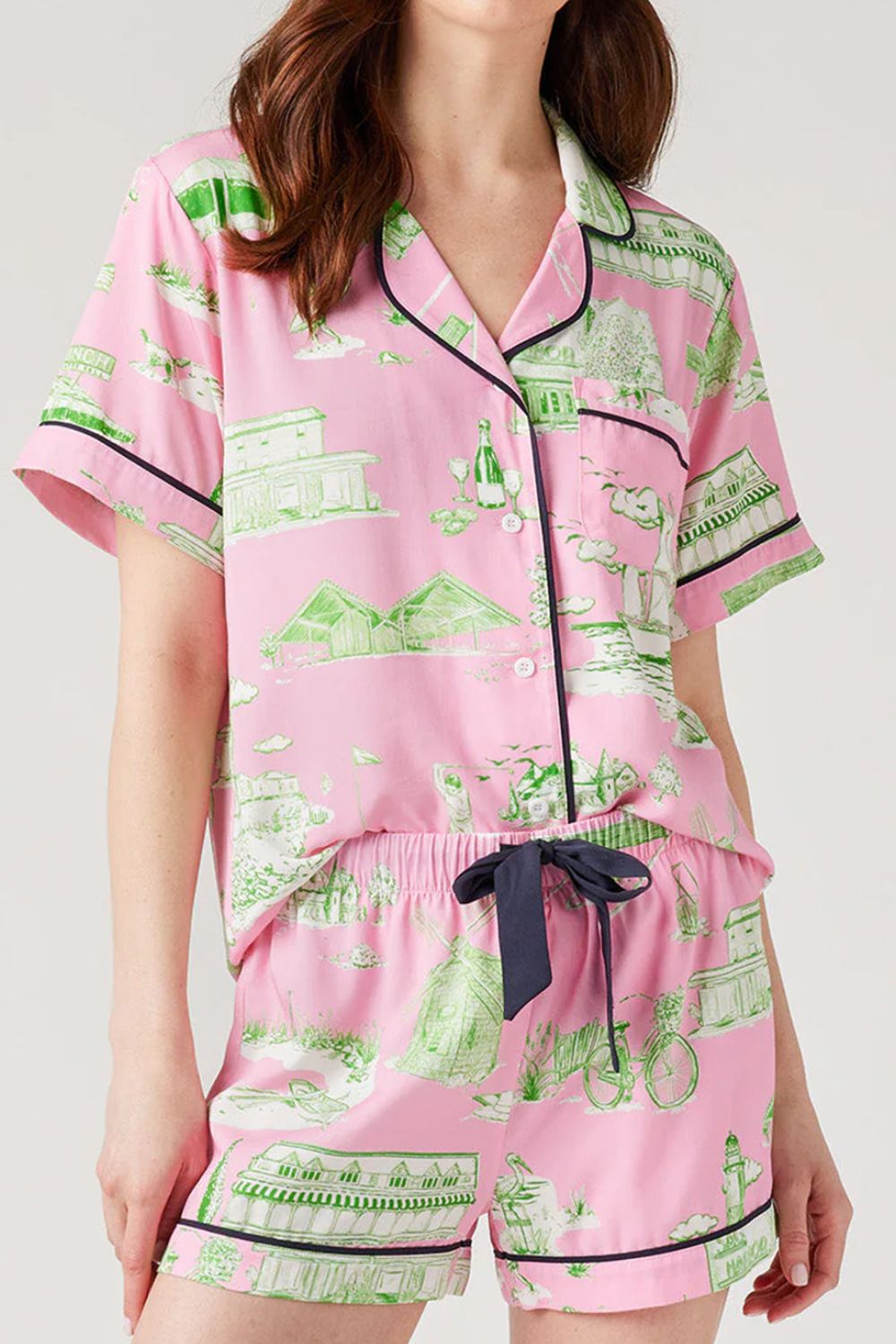 Collared Neck Printed Top and Drawstring Shorts Lounge Set.
