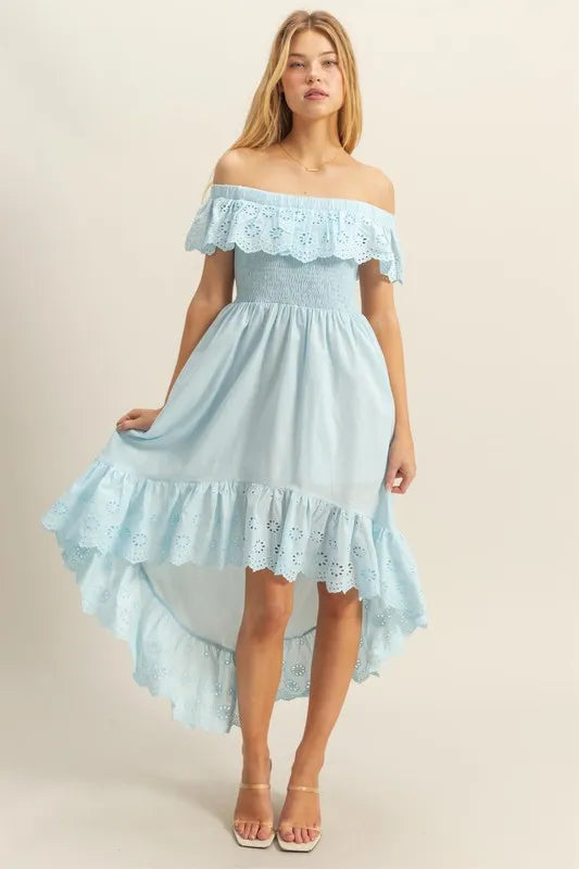 HYFVE High-Low Eyelet Ruffled Off-Shoulder Dress.