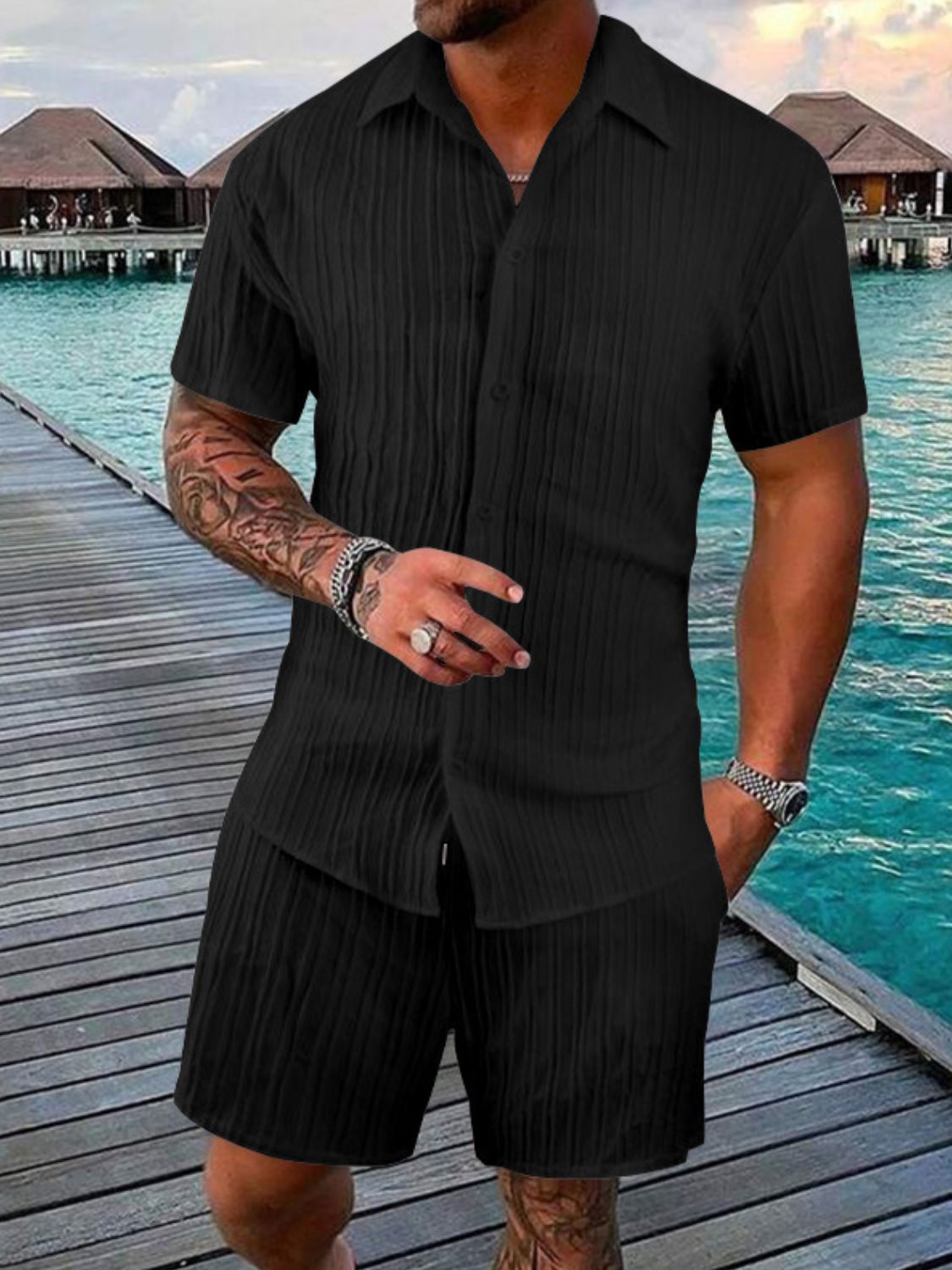 Men's Stylish Button Down Shirt & Shorts Set - Plus Size.