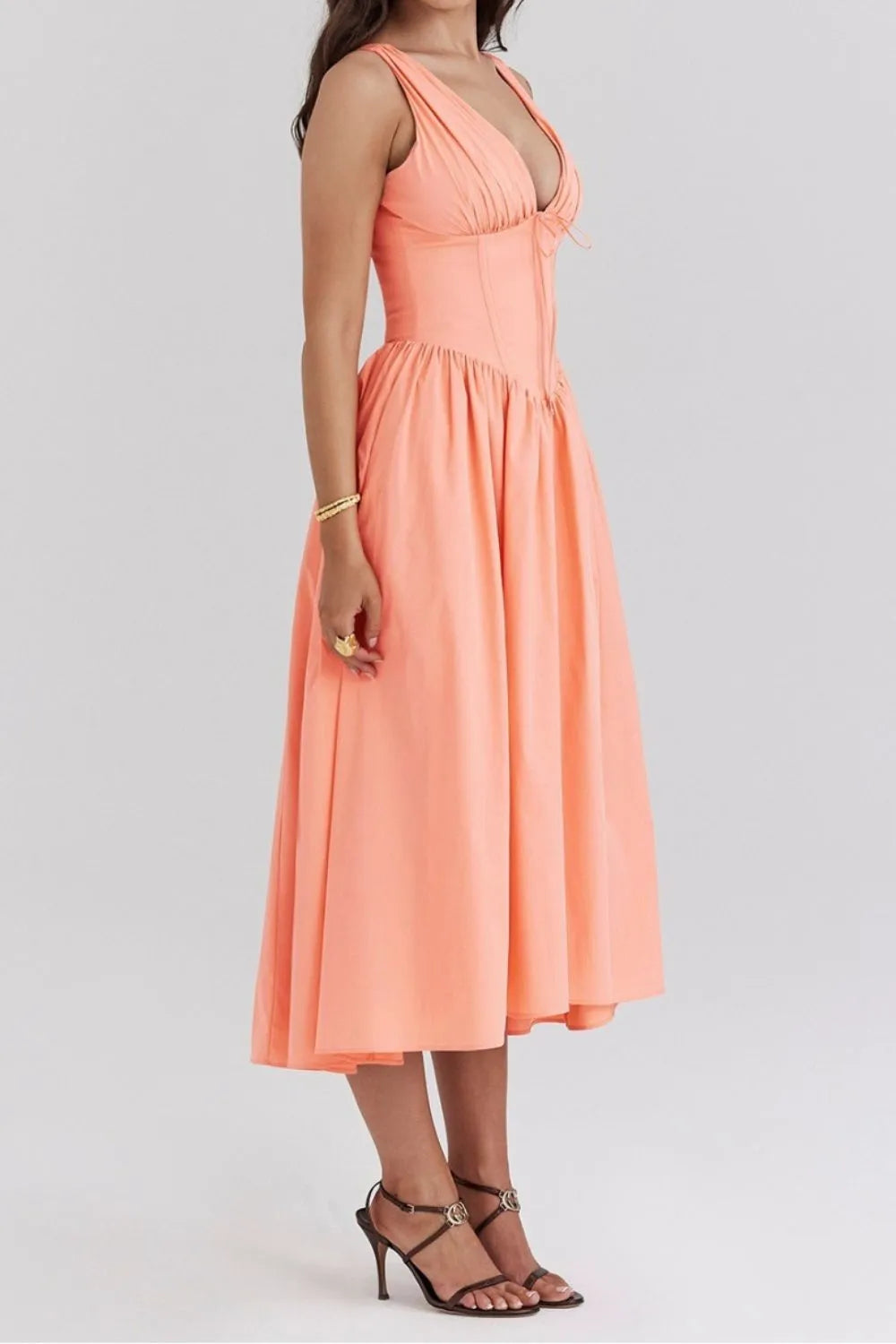 Ruched V-Neck Dress with Pockets.