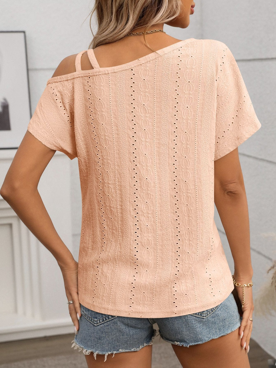 Chic Eyelet Asymmetrical Shoulder Short Sleeve T-Shirt - Unique Fashion Statement.
