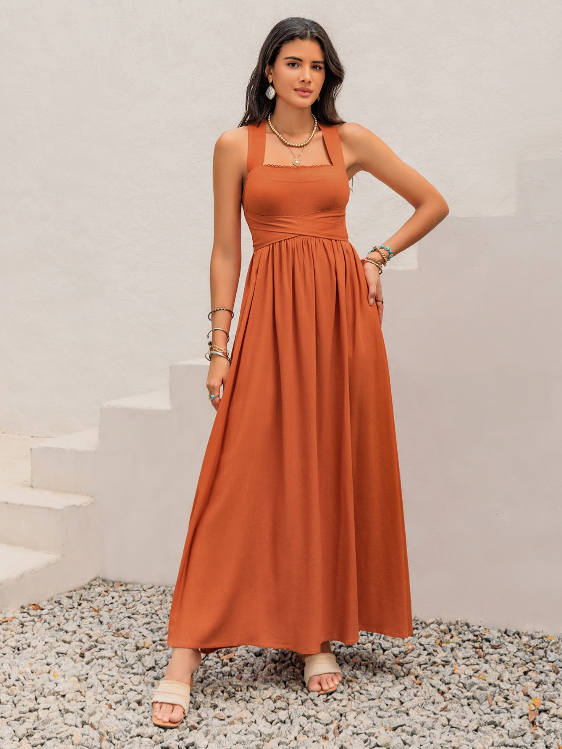 Crisscross Back Smocked Square Neck Maxi Dress.