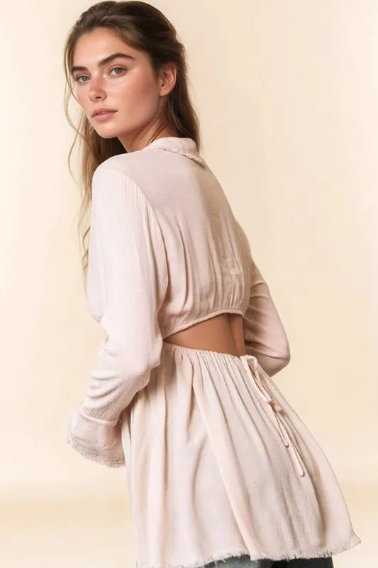 Davi & Dani V-Neck Open Back Adjustable Babydoll Shirt.