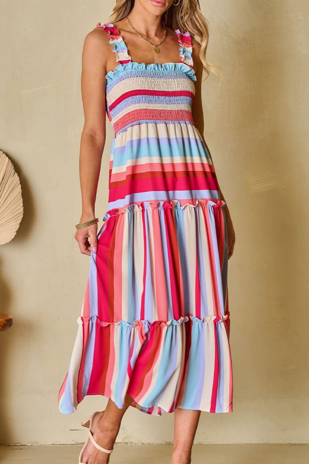 Contrast Stripe Wide Strap Smocked Tiered Dress.
