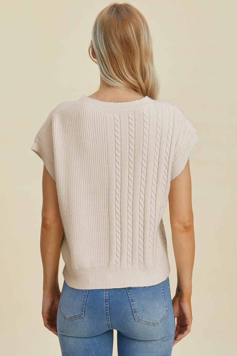 Double Take Full Size Cable-Knit Round Neck Short Sleeve Sweater.