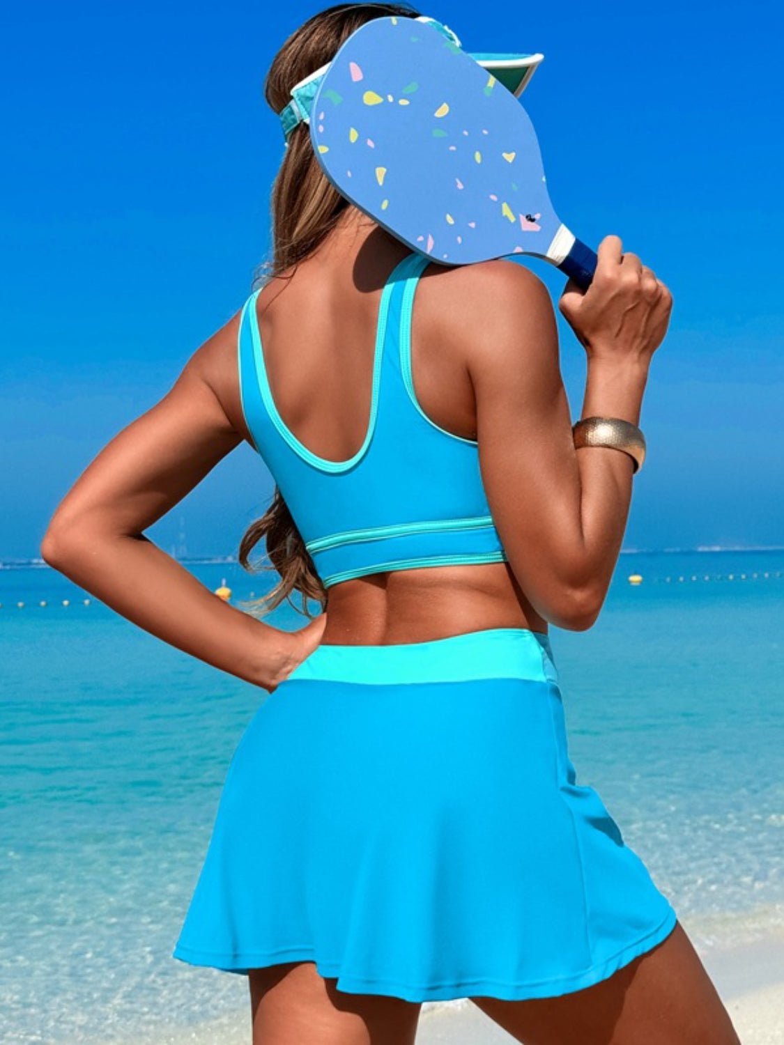 Dive into Style: Scoop Neck Top and Skort Swim Set.