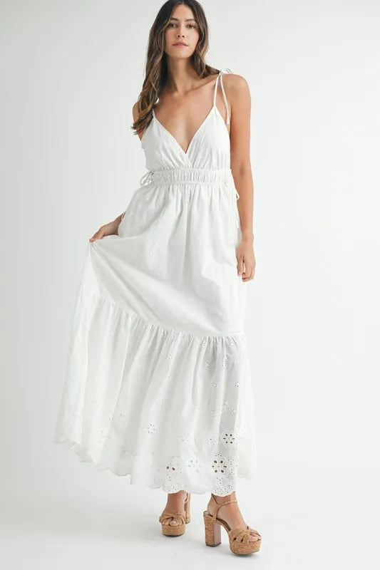 MABLE Eyelet Lace Maxi Dress with Side Strap Details.