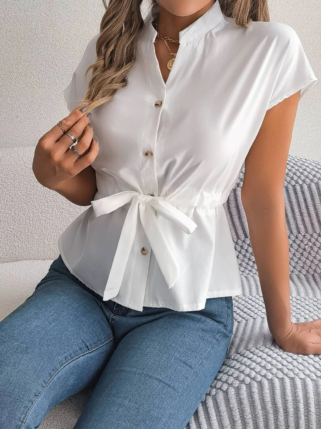 Savvy Notched Short Sleeve Blouse.