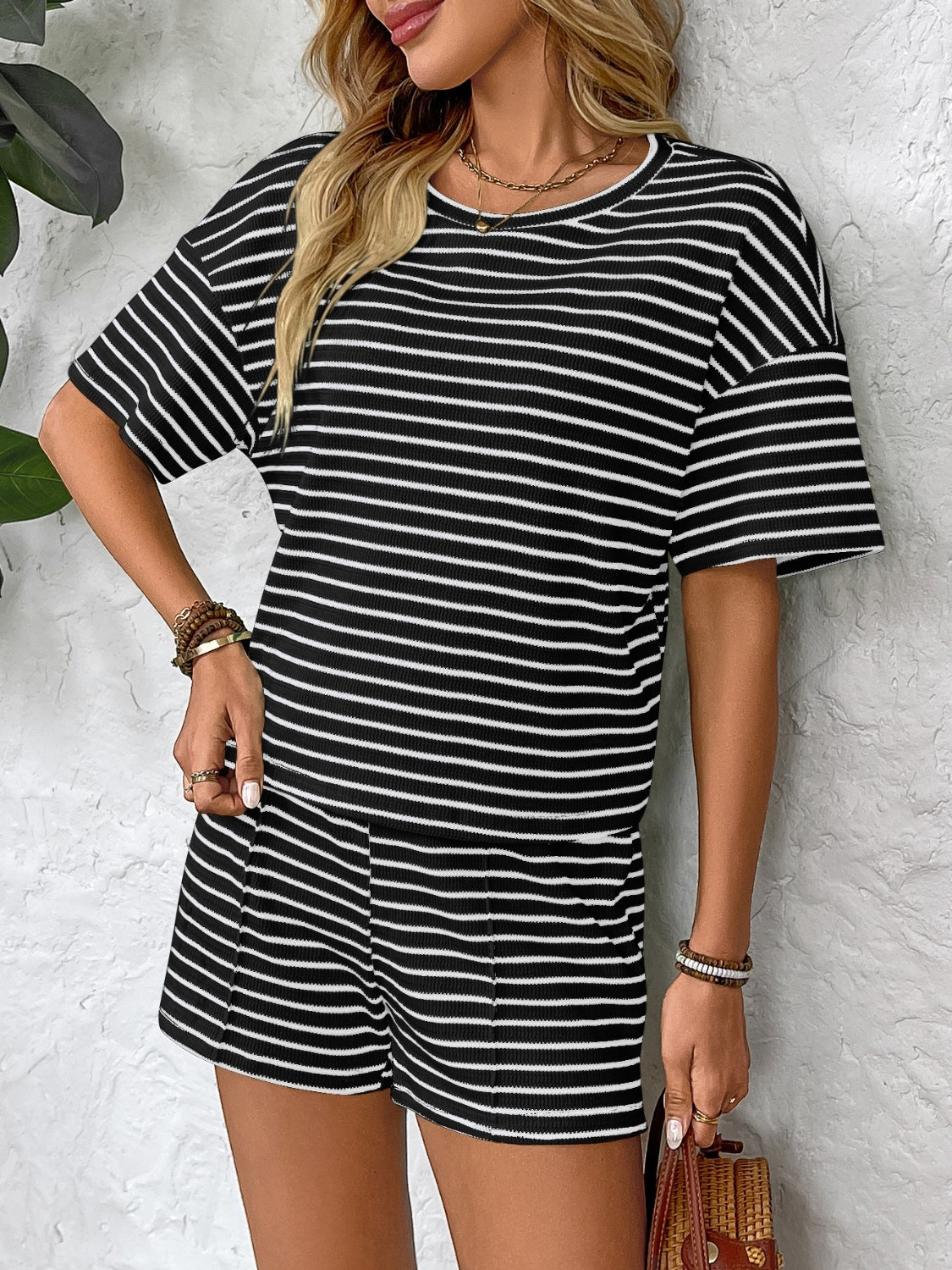 Striped Round Neck Short Sleeve Top and Shorts Set - Premium Fashion.