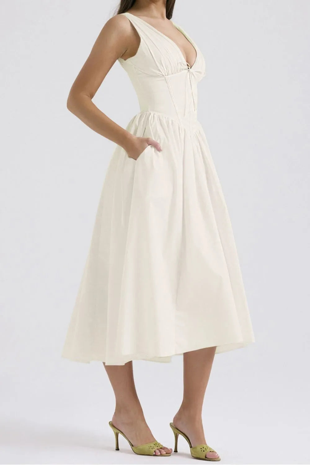 Ruched V-Neck Dress with Pockets.