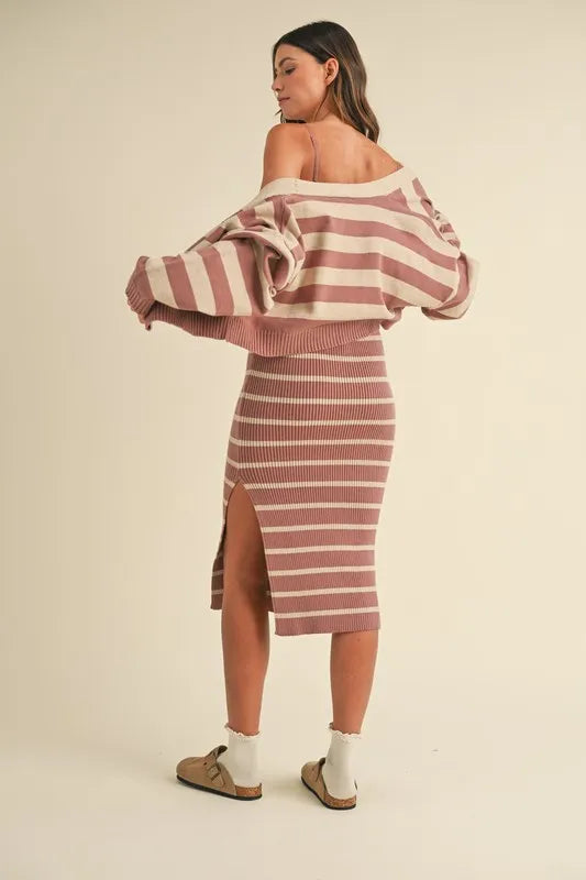 MABLE Stripe Crop Cardigan and Bodycon Dress Sweater Set.